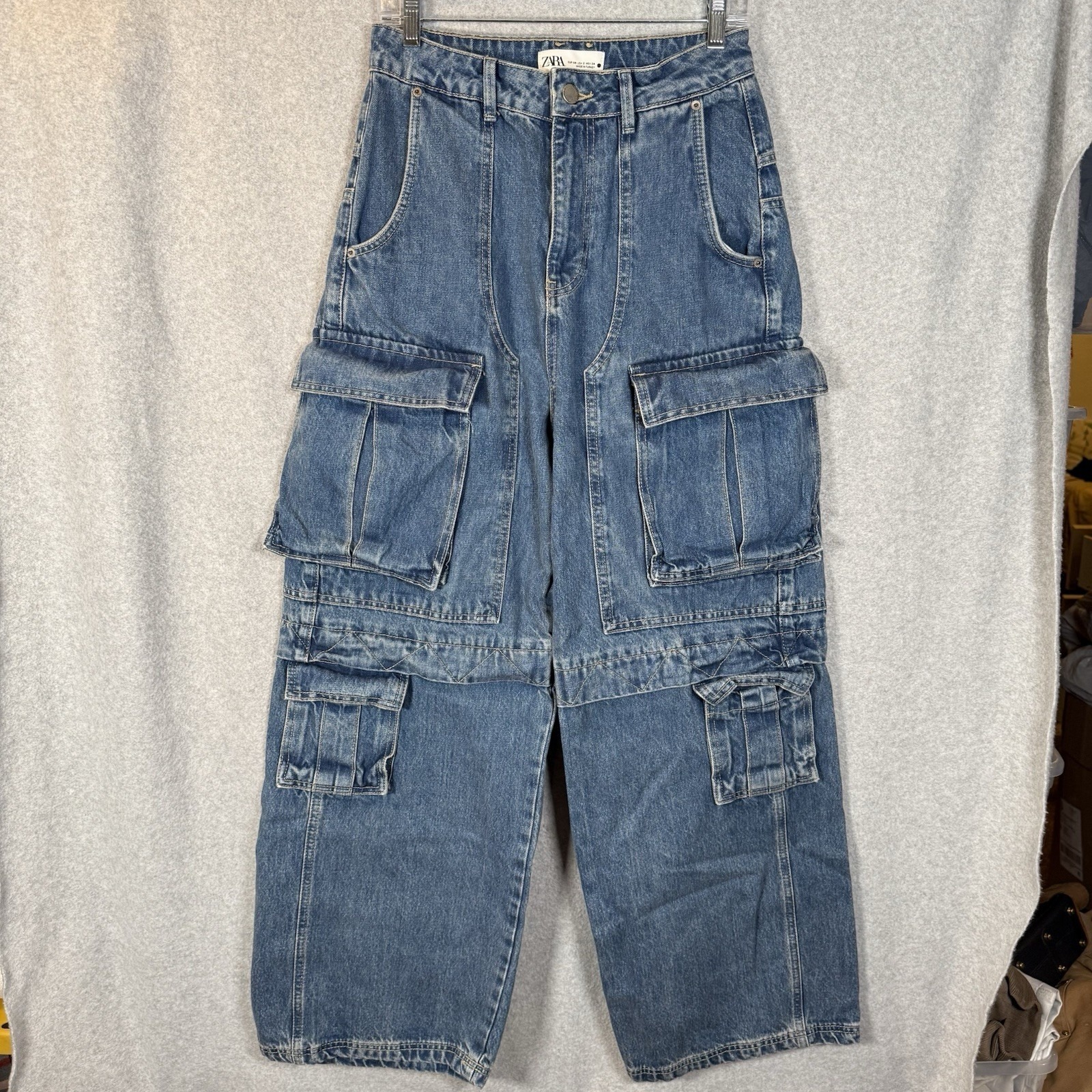 Zara Wide Leg Cargo Denim Jeans Women Us 2 Size 28 Blue Baggy 9632 072